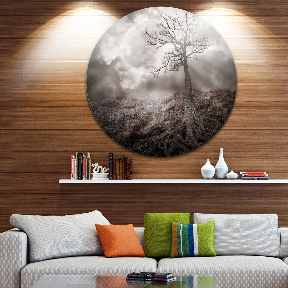 Lonely Tree Holding The Moon, Landscape Art Disc Metal Wall Art, 11"