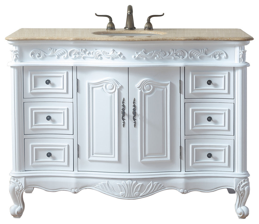 Cassandra 48" Single Sink Bathroom Vanity, White Cabinet, Travertine Marble Top