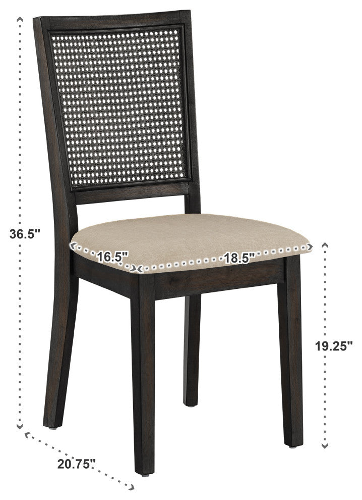 Arbor Hill Beige Linen Rattan Back Dining Chairs, Set of 2, Antique Black