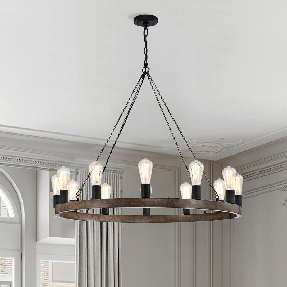 Mia 12-light Faux Wood Metal Chandelier Round Wheel With Black Sleeves