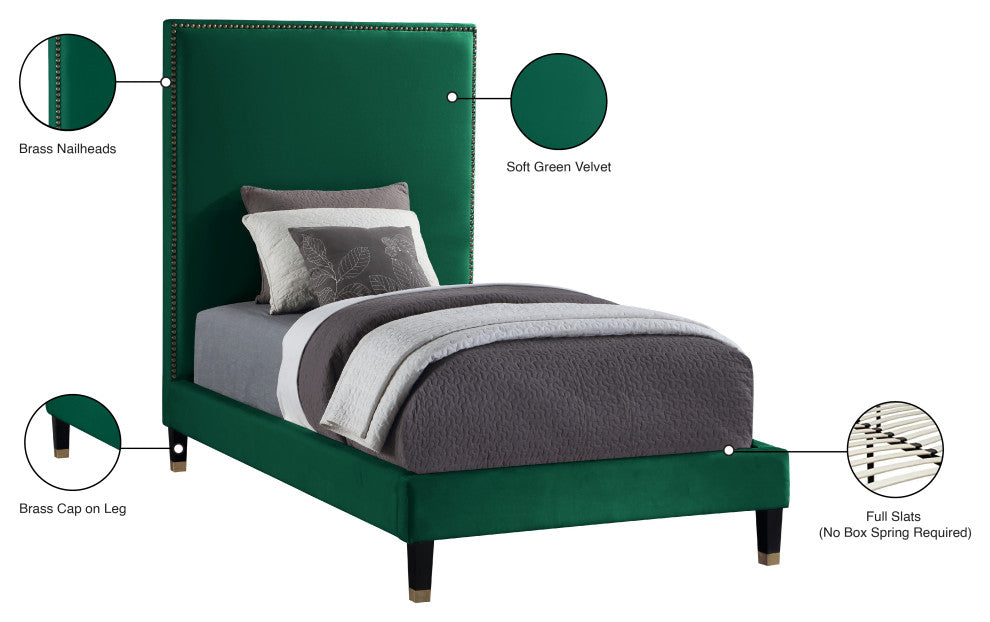 Harlie Velvet Upholstered Bed, Green, Twin
