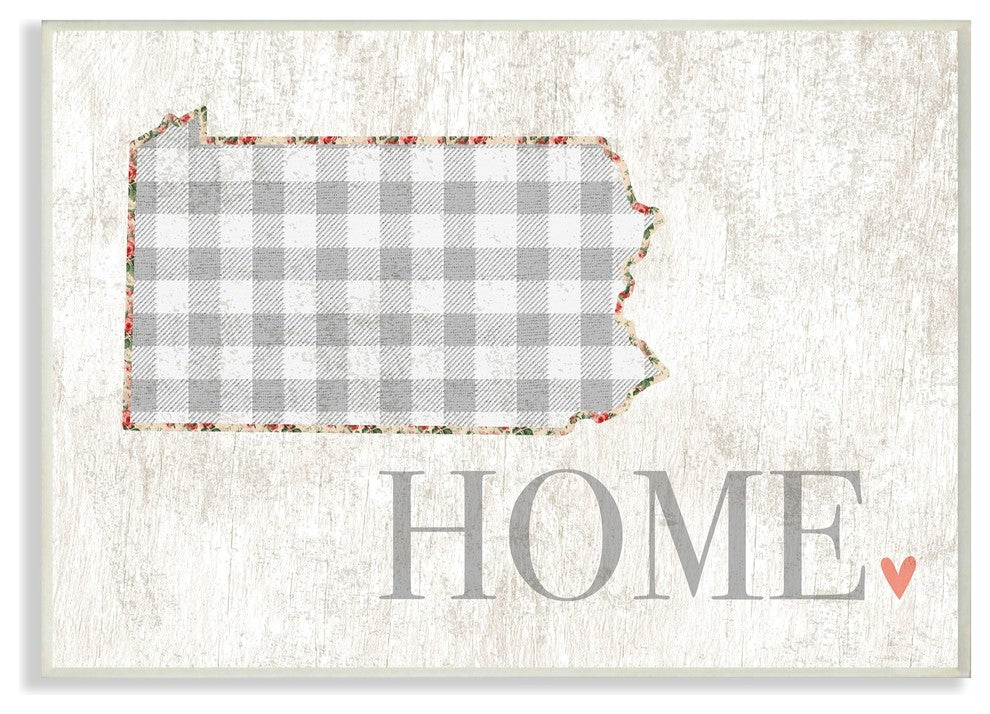 Pennsylvania Gray Gingham & Floral Heart & Home Wall Plaque Art, 13"x19"
