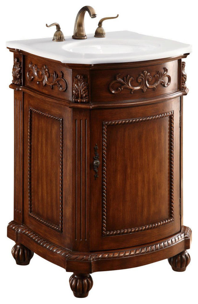 24" Single Bathroom Vanity, Brown With Ivory White Engineered Marble Top