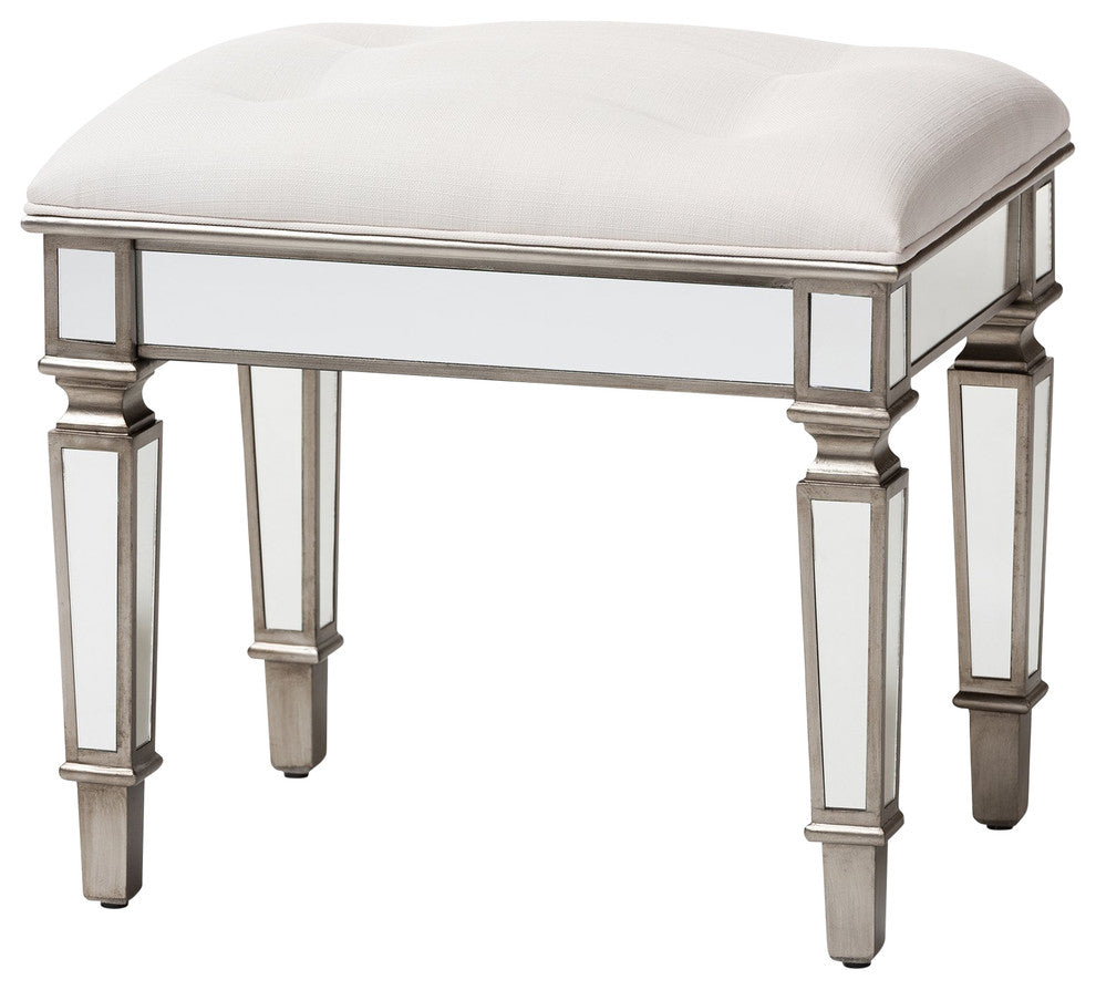 Marielle Hollywood Regency Glamour Style Fabric Mirrored Ottoman Vanity Bench