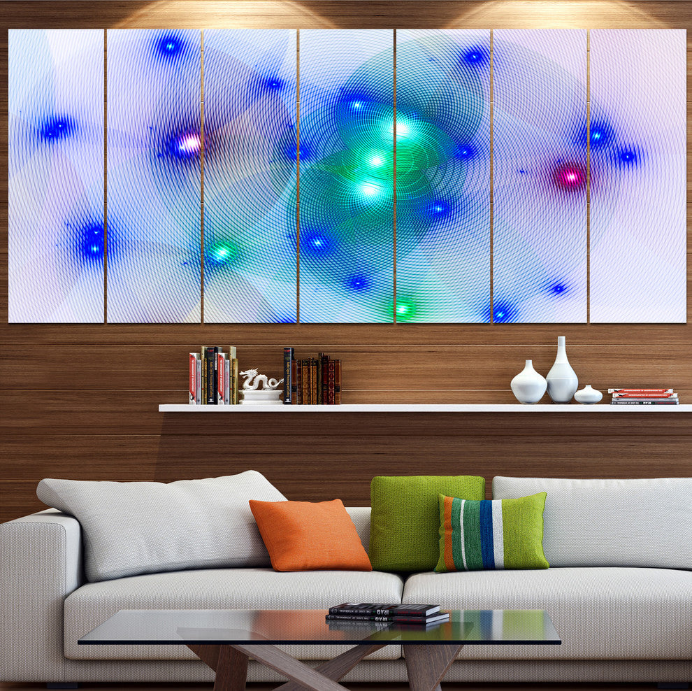 Blue Fractal Lights in Fog, Abstract Wall Art Canvas, 83"x32", 7 Panels