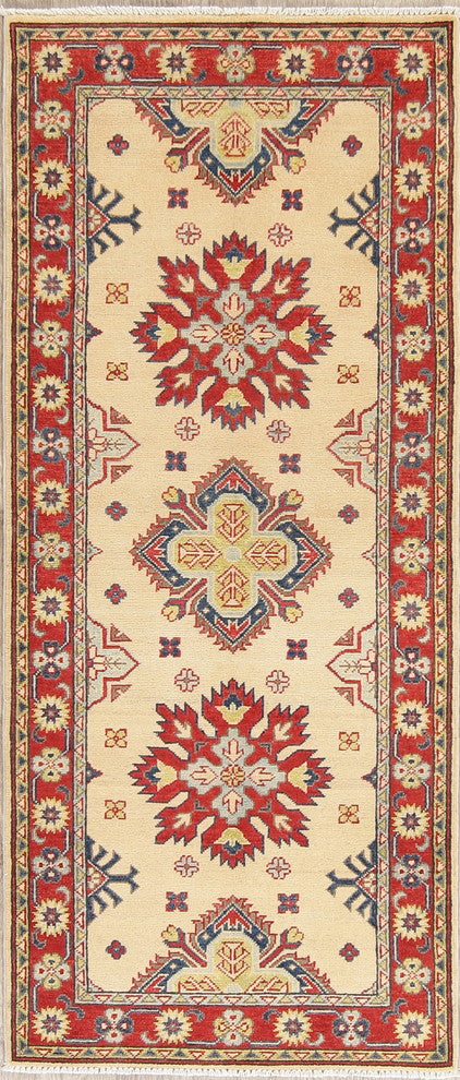 Pakistani Traditional Kazak Wool Hand Made Oriental Runner Rug, Beige, 6'7"X2'9"