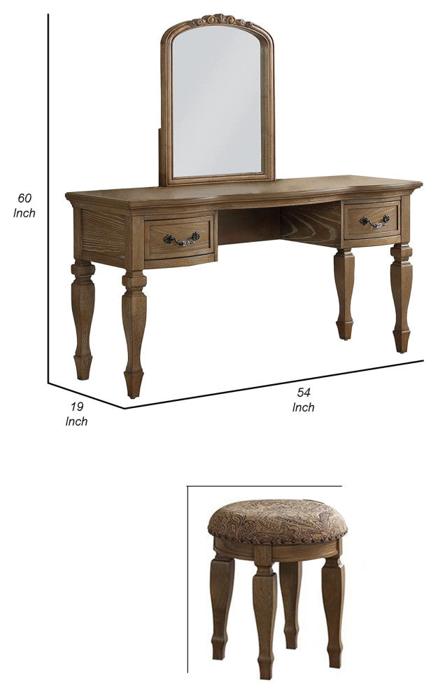 Benzara BM268887 3 Piece Vanity Set With Carved Mirror and Turned Legs, Brown