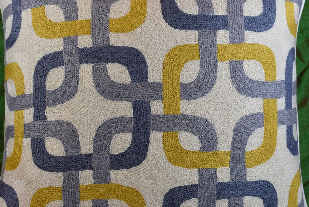 Gotcha Geometric Suzani Ivory Gray Gold Pillow Cover Handembroidered Wool 20x20"
