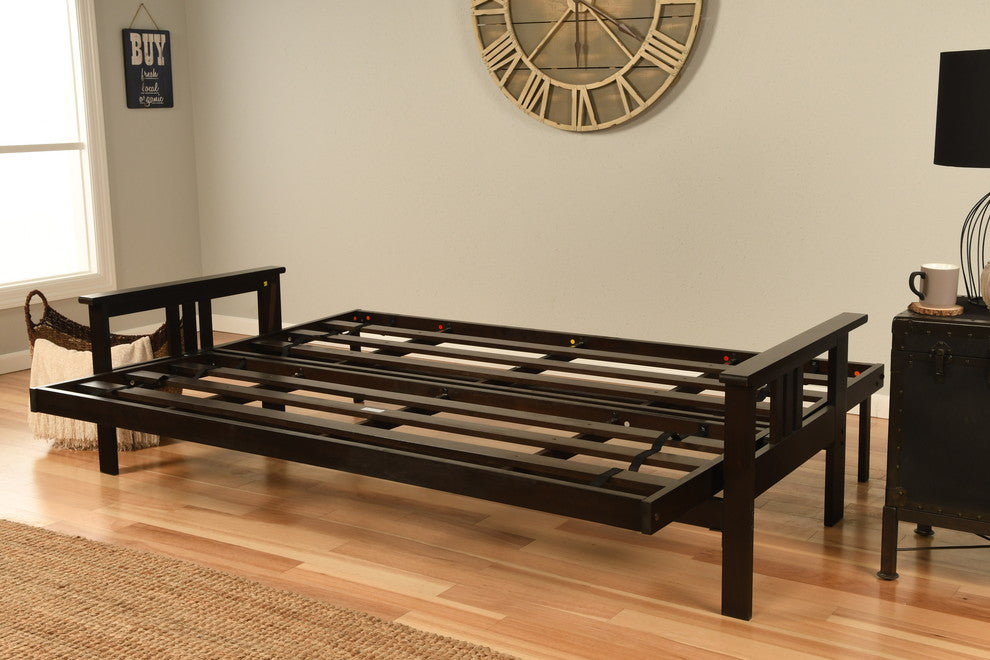 Caleb Frame Queen Futon With Espresso Finish, Espresso, Suede Blue