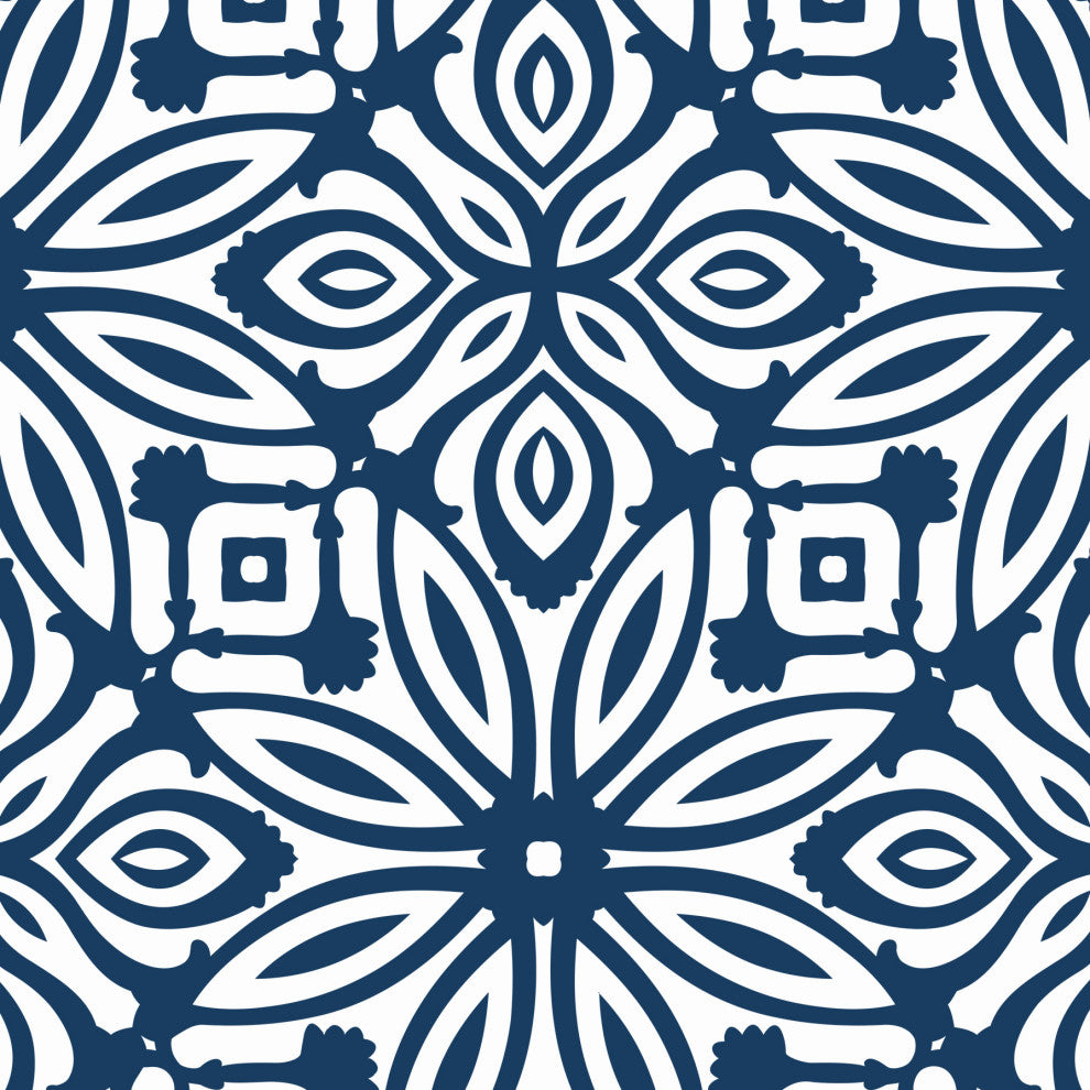 Geo Flowers Peel and Stick Vinyl Wallpaper, Navy, 24"w X 108"h