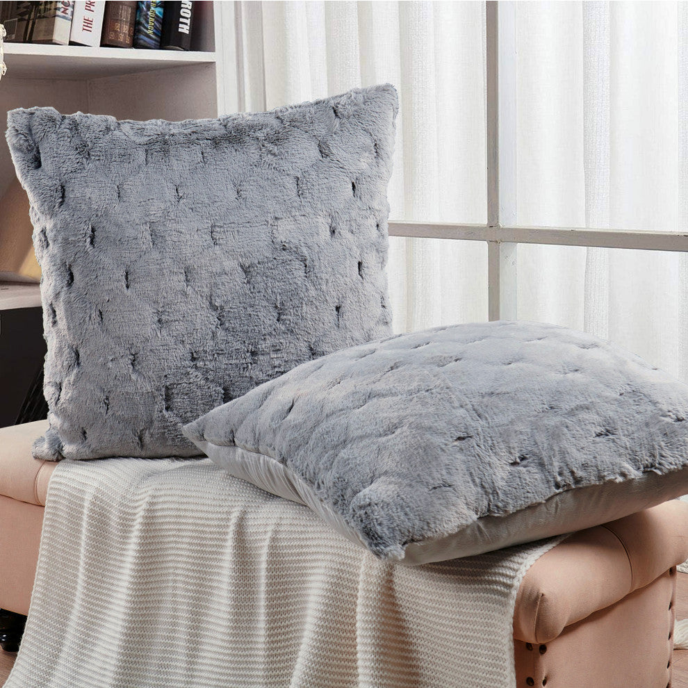 Jacquard Rabbit Faux Fur Pillow Cover 2 Piece Set, Silver Grey, 26" X 26"