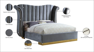 Flora Black Velvet Bed, Gray, Queen