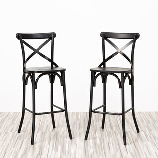 Black Steel Bar Stool With Solid Elm Wood Seat and Back Support, Set of 2