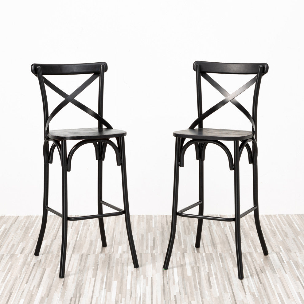 Black Steel Bar Stool With Solid Elm Wood Seat and Back Support, Set of 2