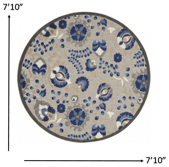 8' Round Blue And Gray Round Floral Indoor Outdoor Area Rug