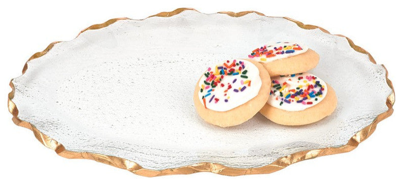 Bubble Glass Scalloped Gold Rim Round Platter or Tray