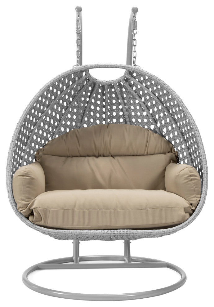 LeisureMod Mendoza Light Gray Wicker Hanging Double Egg Swing Chair, Taupe