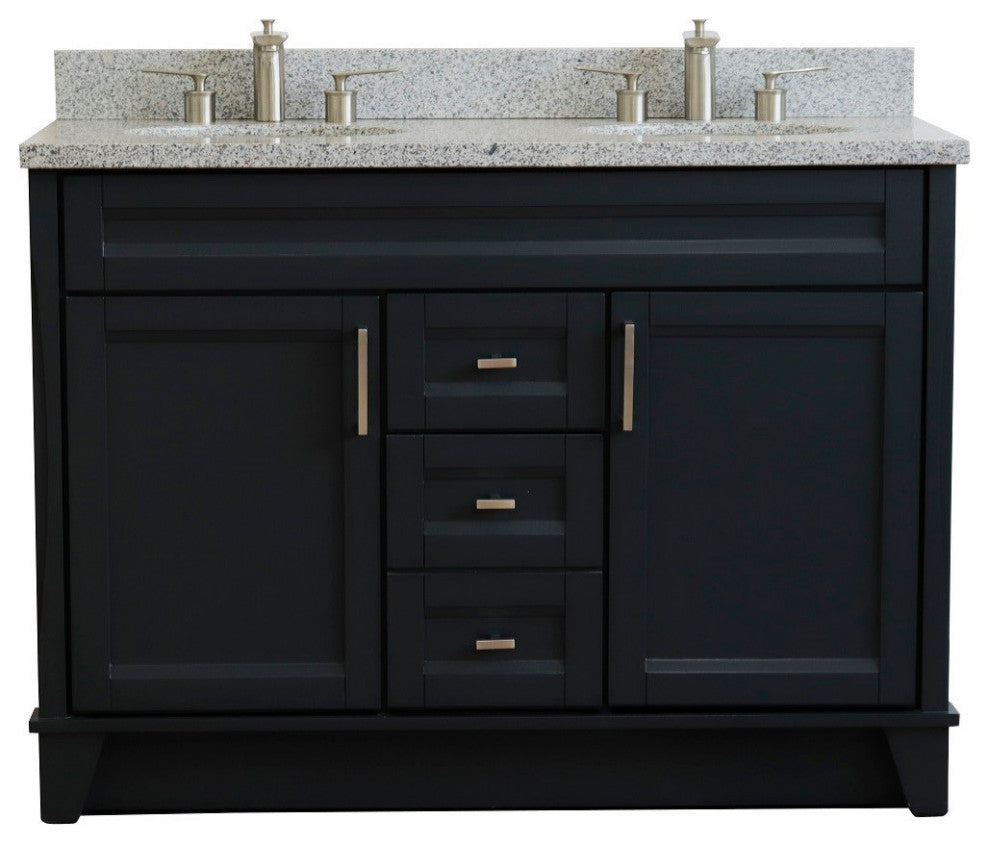 48" Double Sink Vanity, Dark Gray Finish With Gray Granite And Oval Sink
