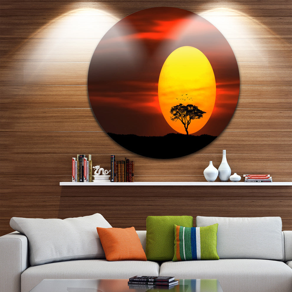 Lonely Tree With Birds At Sunset, Round Wall Art Landscape, 36"
