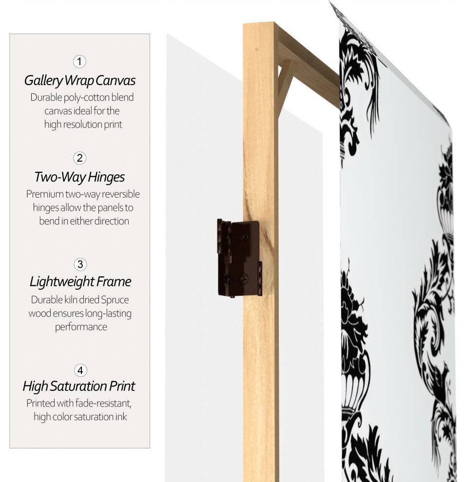 6' Tall Double Sided Black and White Damask Canvas Room Divider