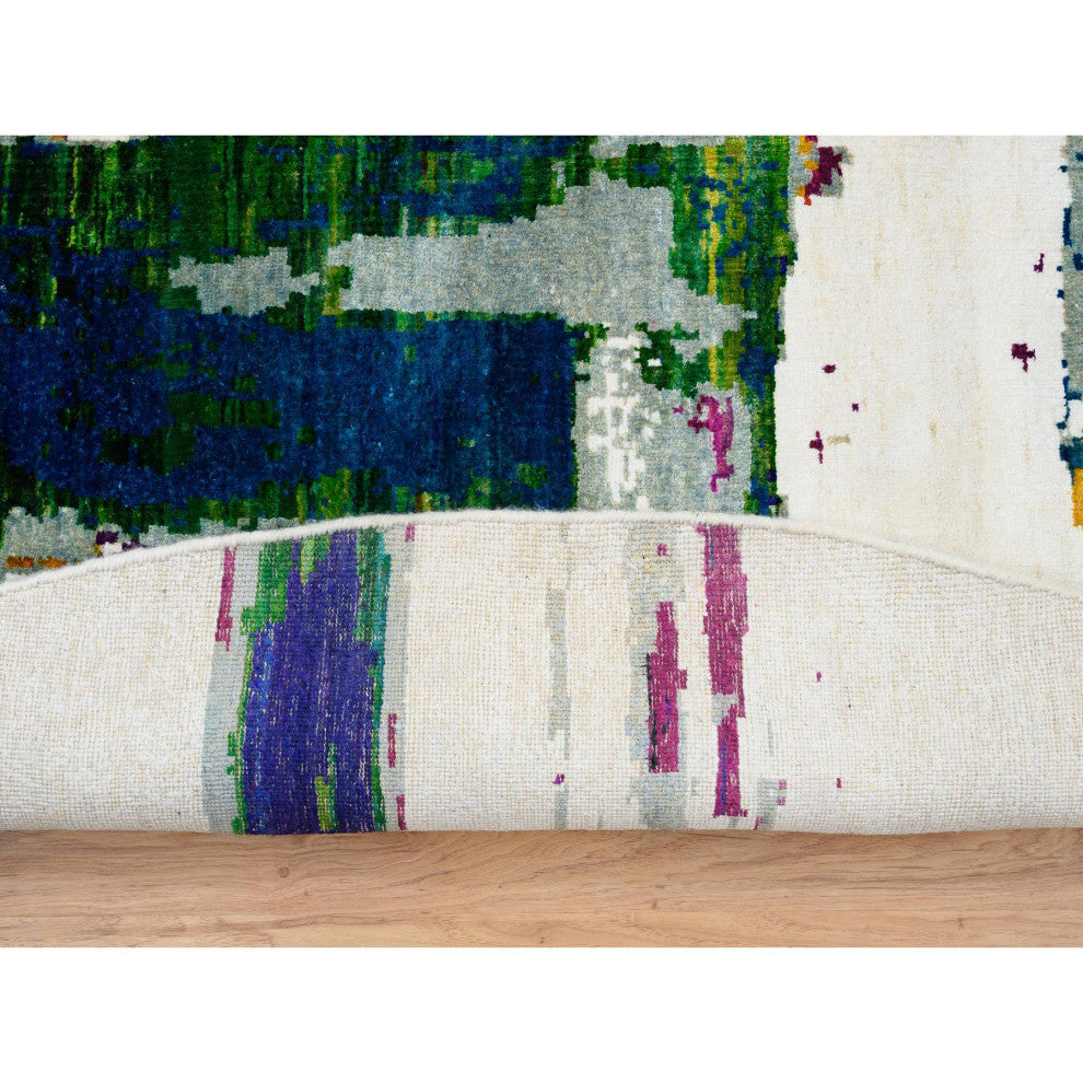 Colorful Wool and Silk Hand Knotted Modern Abstract Motifs Round Rug, 8'9"x8'9"