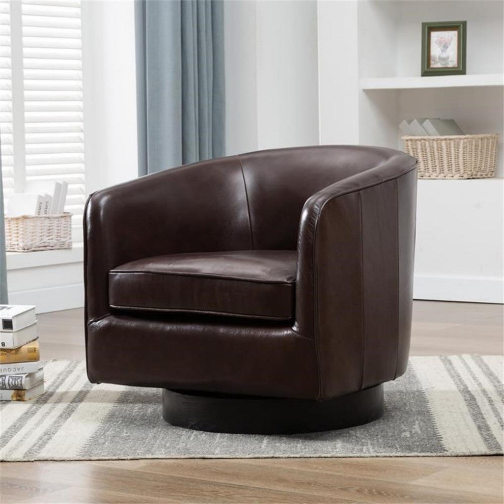 Pemberly Row Top Grain Leather Modern Swivel Chair in Brown Finish