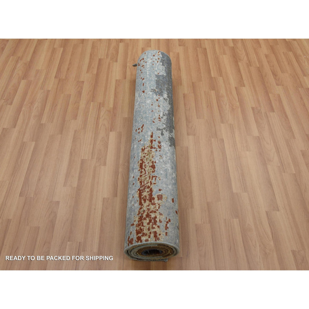 Black Coral Abstract Design Natural Wool Hand Knotted Wide Runner Rug, 4'x10'
