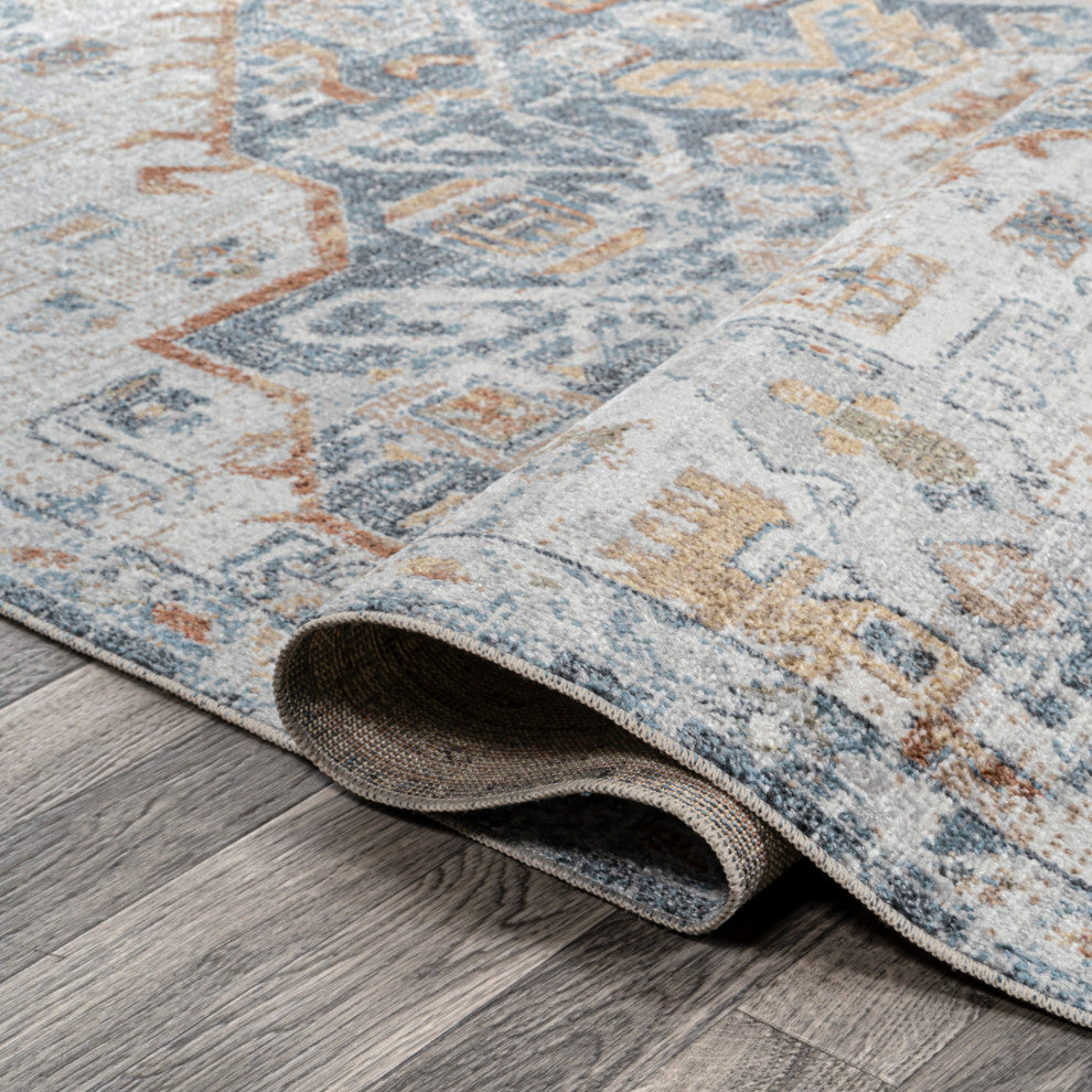 Shaemus Bohemian Medallion Low-Pile Machine-Washable Rug, Cream/Blue/Terra 5x8