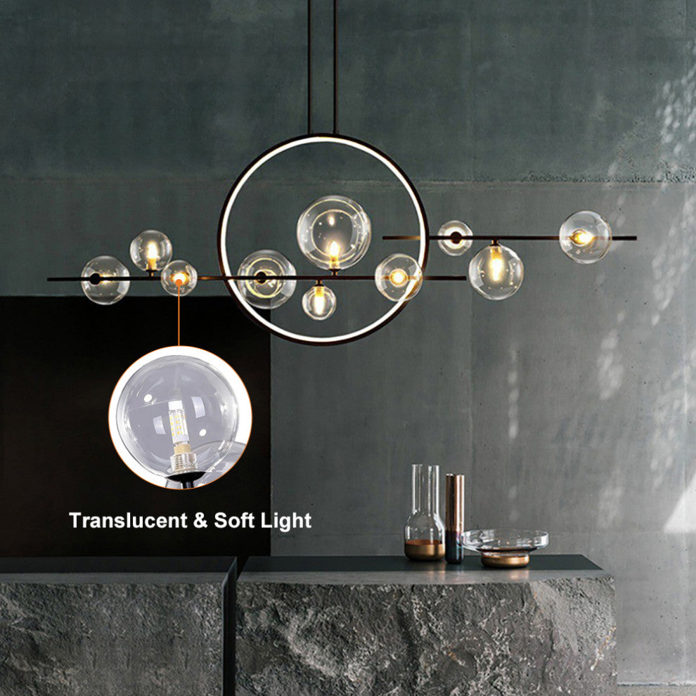 Bubi Modern Kitcehn Island Light for Dining Room with Glass Globe Shade, Black, 10-Light