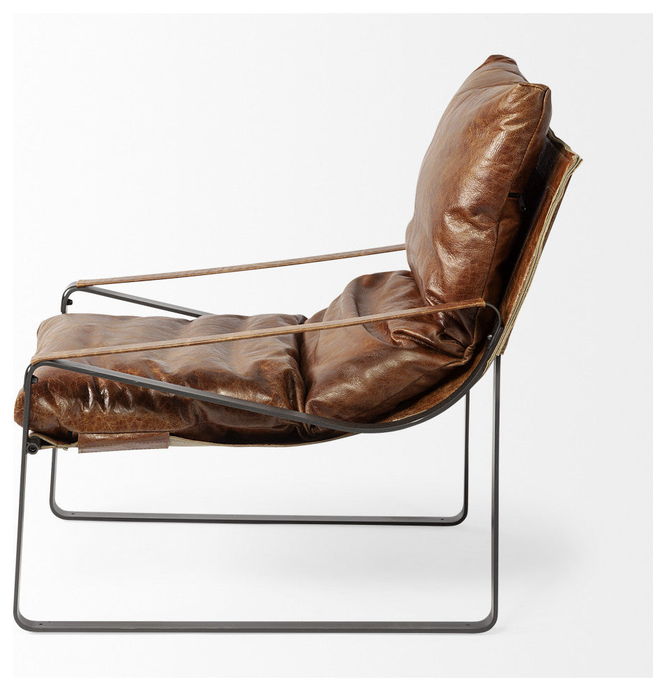 35" Brown and Black Leather Distressed Lounge Chair