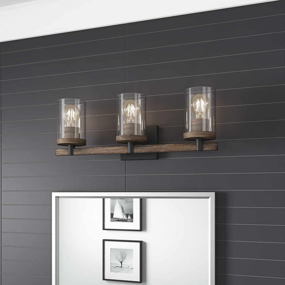 Farmhouse 3-Light Vanity Light Over Mirror With Clear Glass Shade, Brown