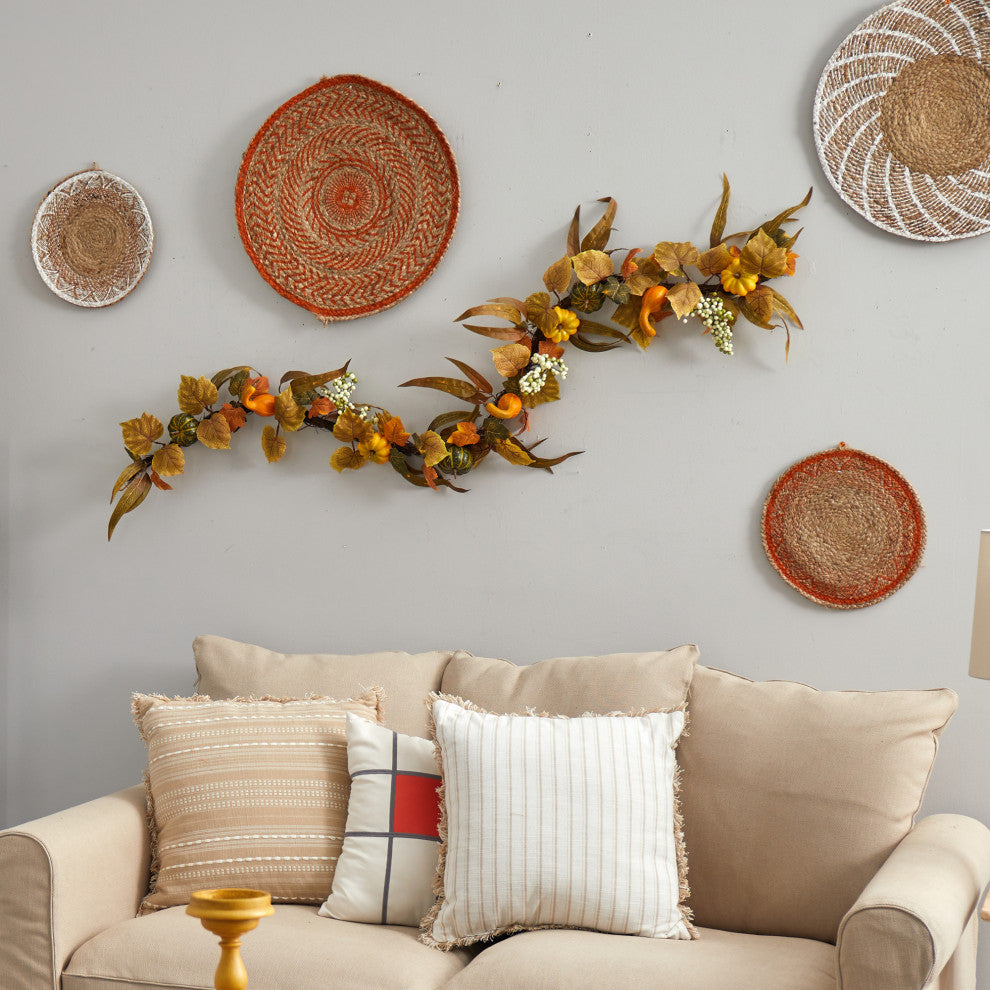 6' Fall Green & Orange Assorted Pumpkin & Gourds With White Berries Faux Garland