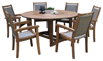 7-Piece Eucalyptus Round Lazy Susan Dining set With 6 Stacking Wicker Armchairs