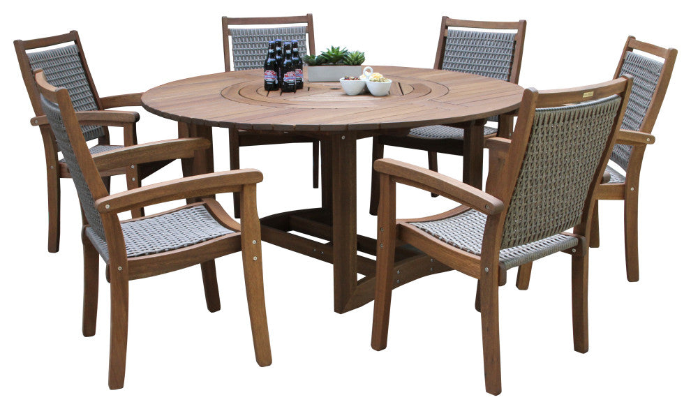 7-Piece Eucalyptus Round Lazy Susan Dining set With 6 Stacking Wicker Armchairs