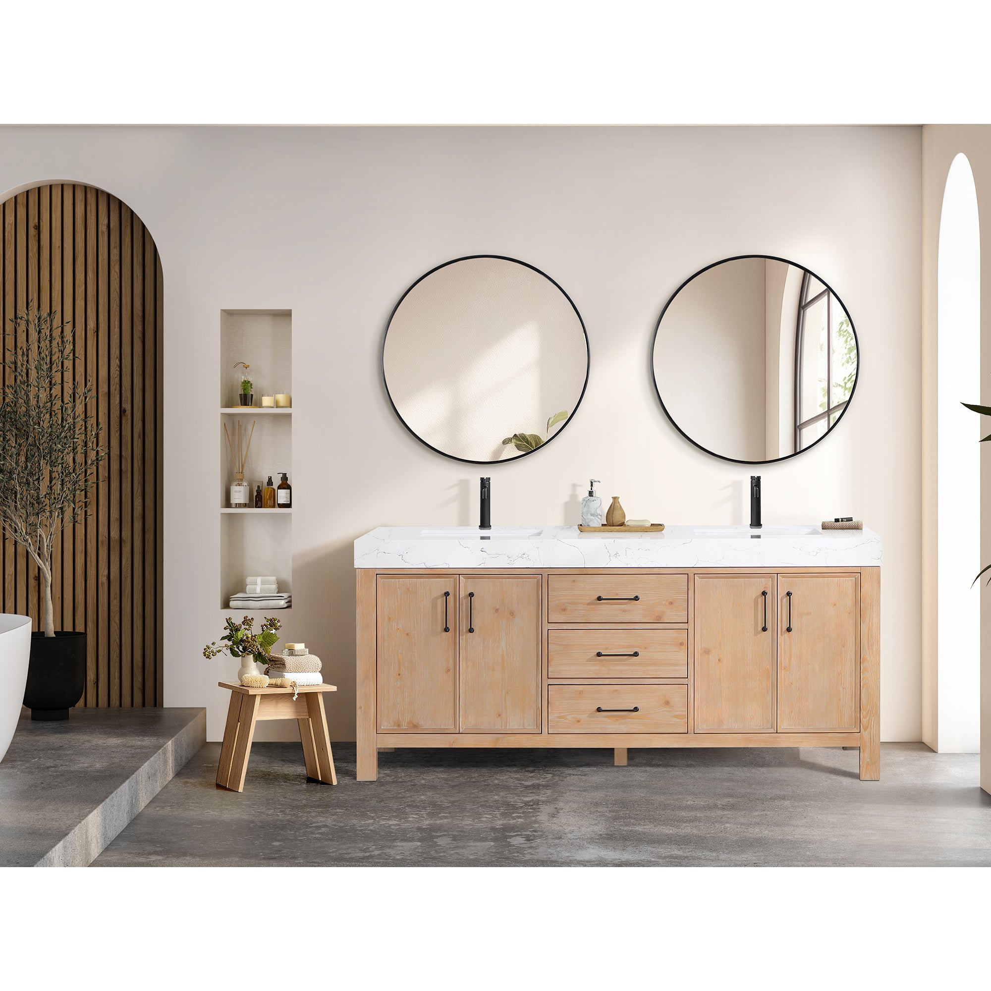 Leon Bath Vanity With Composite Stone Top, Fir Wood Brown, 72", With Mirror
