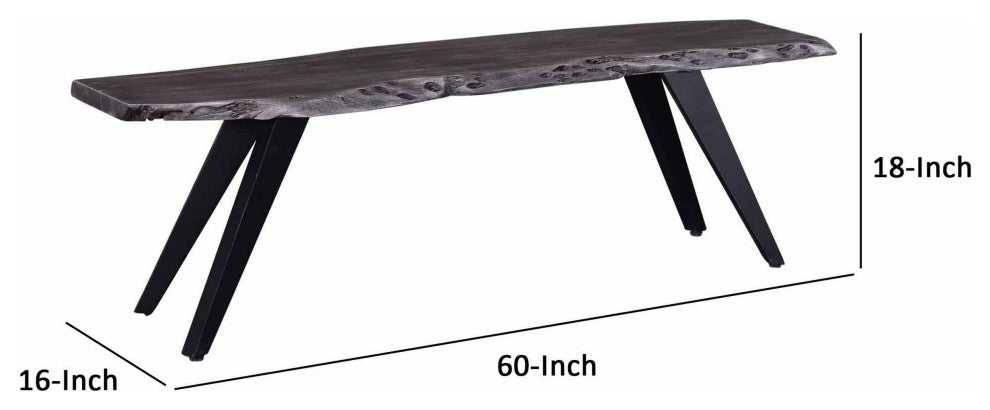 Benzara BM286418 Dining Bench, Acacia Wood, Live Edge, Gray, Black