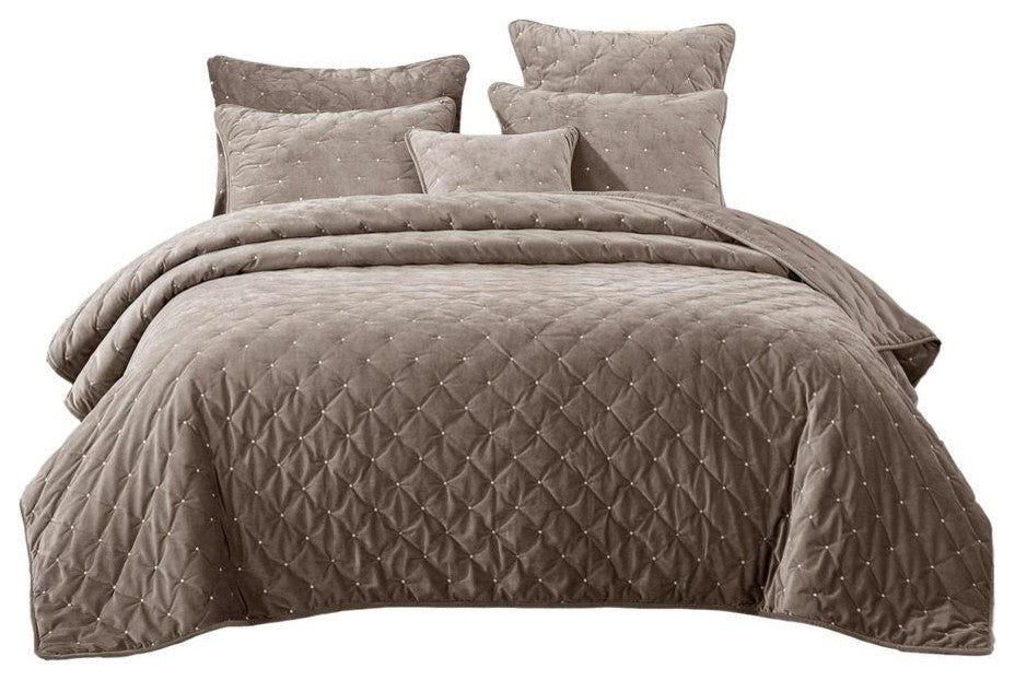 Beige Velvet Diamond Tuft Bedspread Set, Cal King