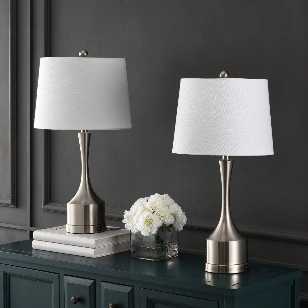Cooper 26" French Country Iron Table Lamp, USB Charging, Set of 2, Nickel