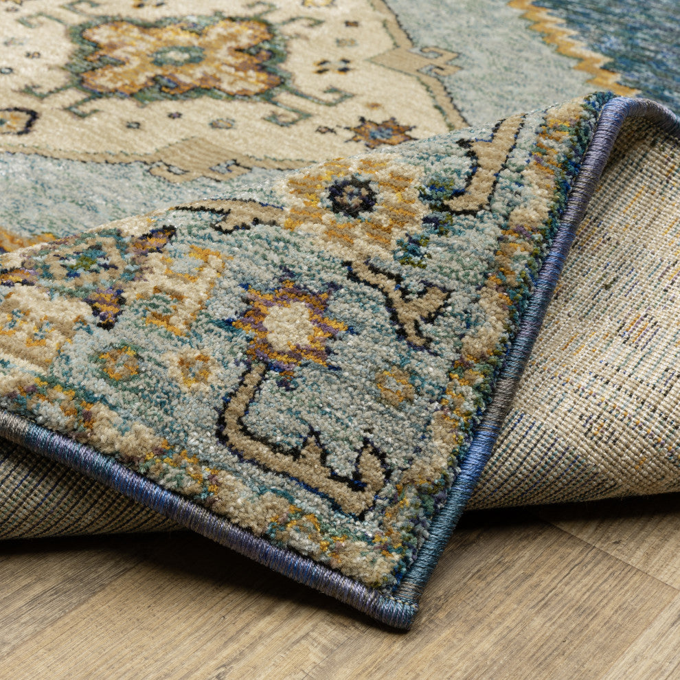 Adeline Traditional Double Medallion Blue/ Gold Area Rug Runner 2'3" x 8'