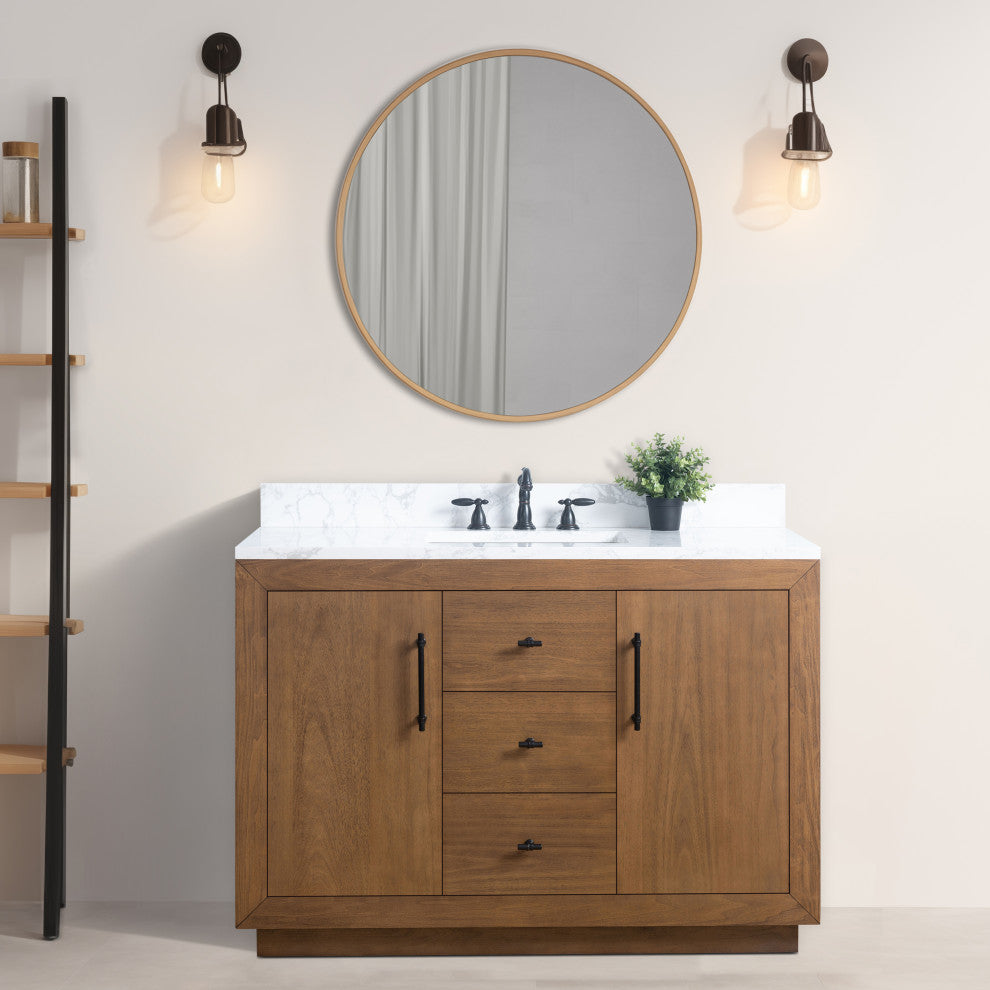 Vanity Art Bathroom Vanity With Sink, Tan, 48" Single, Arabescato White Engineered Marble Top