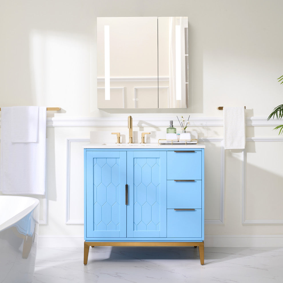 Alison Freestanding Bathroom Vanity with Italian Carrara White Marble Top, Light Blue, 36"