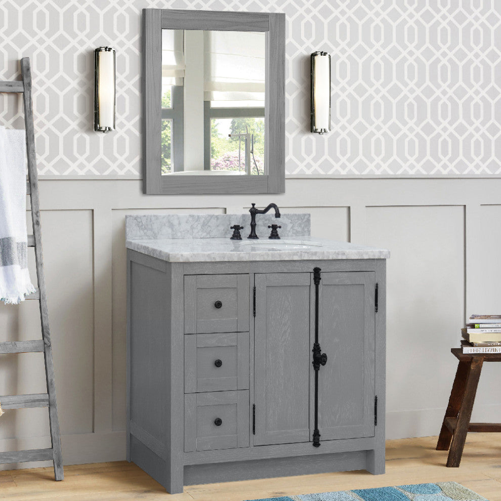37" Single Vanity, Gray Ash With White Carrara Top, Right Doors/Right Oval Sink