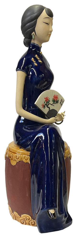 Chinese Oriental Ceramic Cheongsam Blue Qipao Dressing Lady Figure Hws3100