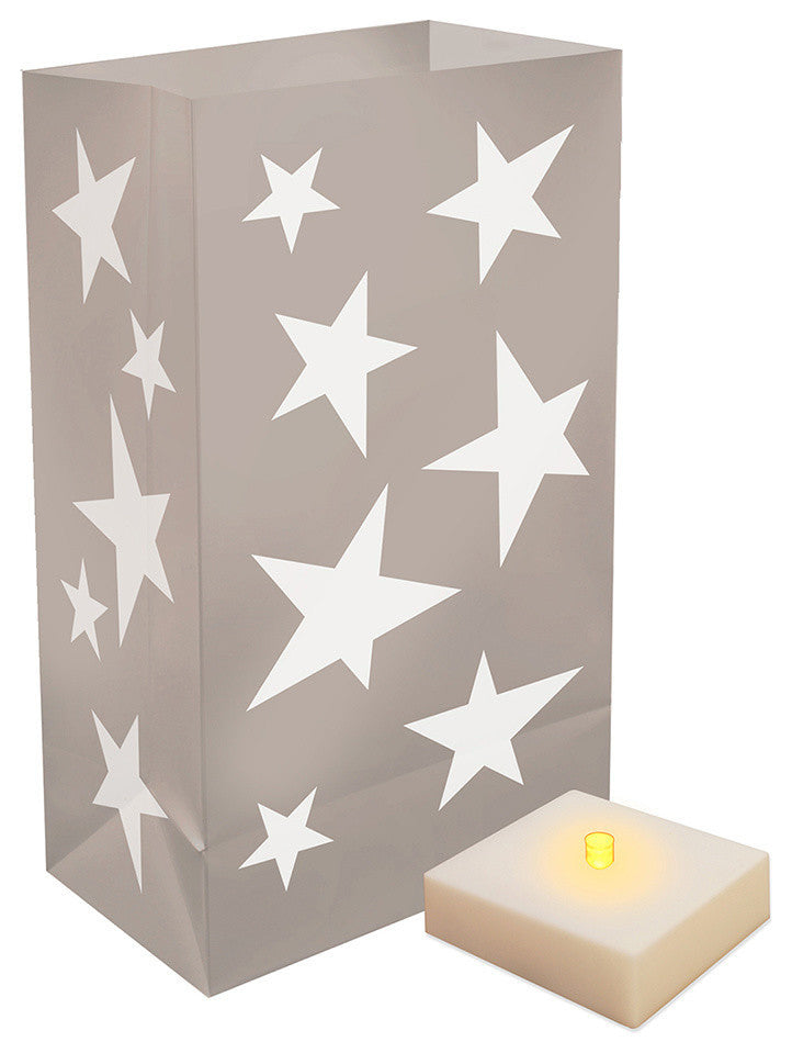 Battery Operated Luminaria Kit With Timer, Silver Stars, 12-Piece Set