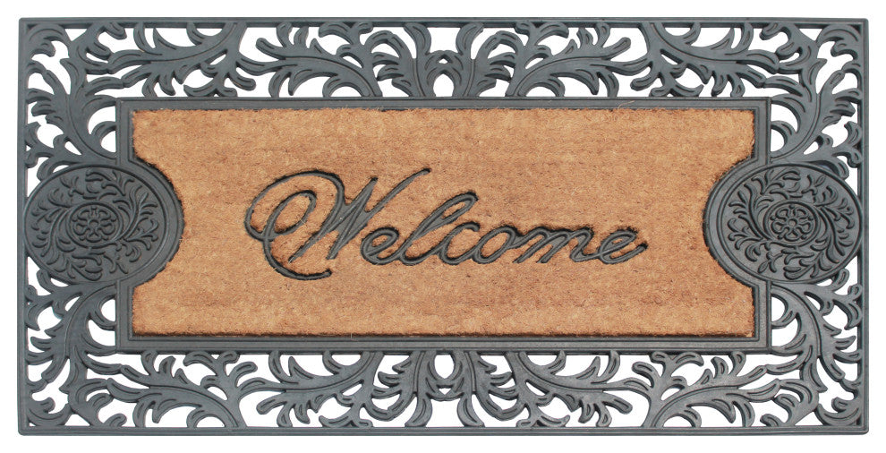 A1HC Welcome Floral Border Rubber and Coir Outdoor Doormat, 23"x38", Black