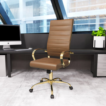 Mid-Back Leather Office Chair Adjustable Height Swivel  Conference Chair, Light Brown