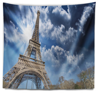 Eiffel Under Blue Sky Skyline Photography Wall Tapestry, 80"x68"