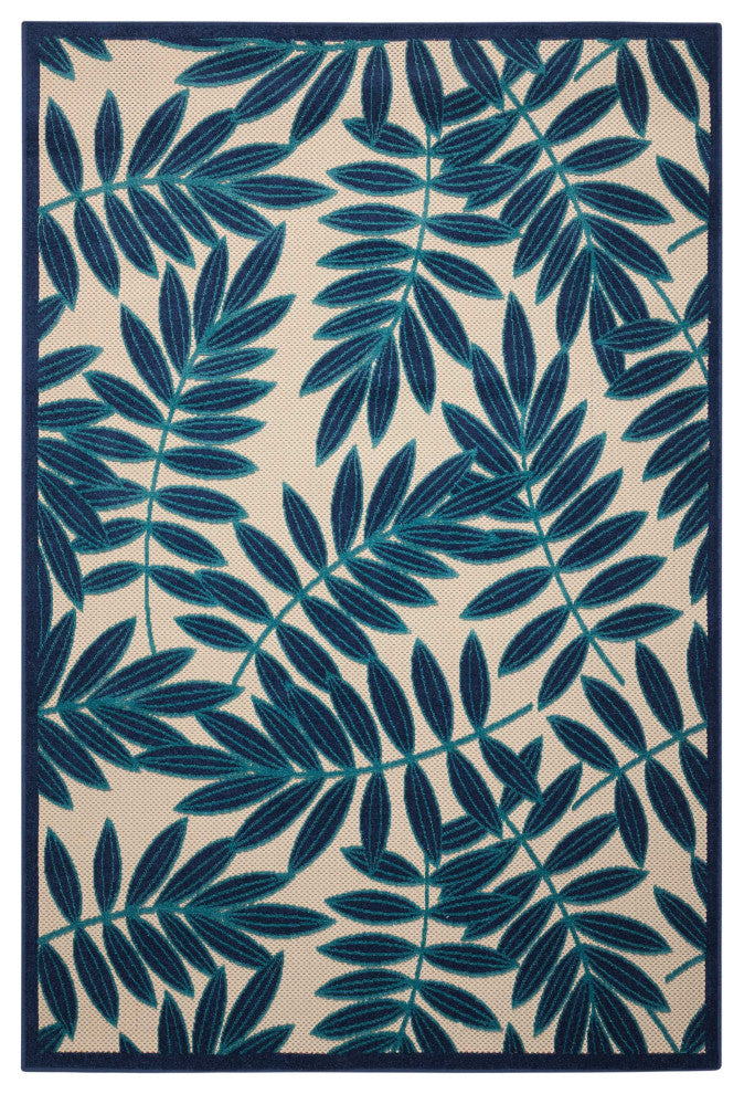 8 x 11 Navy and Beige Leaves Indoor Outdoor Area Rug