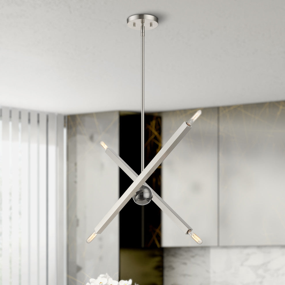 Livex Lighting Monaco 4-Light Linear Chandelier, Brushed Nickel/Black Chrome