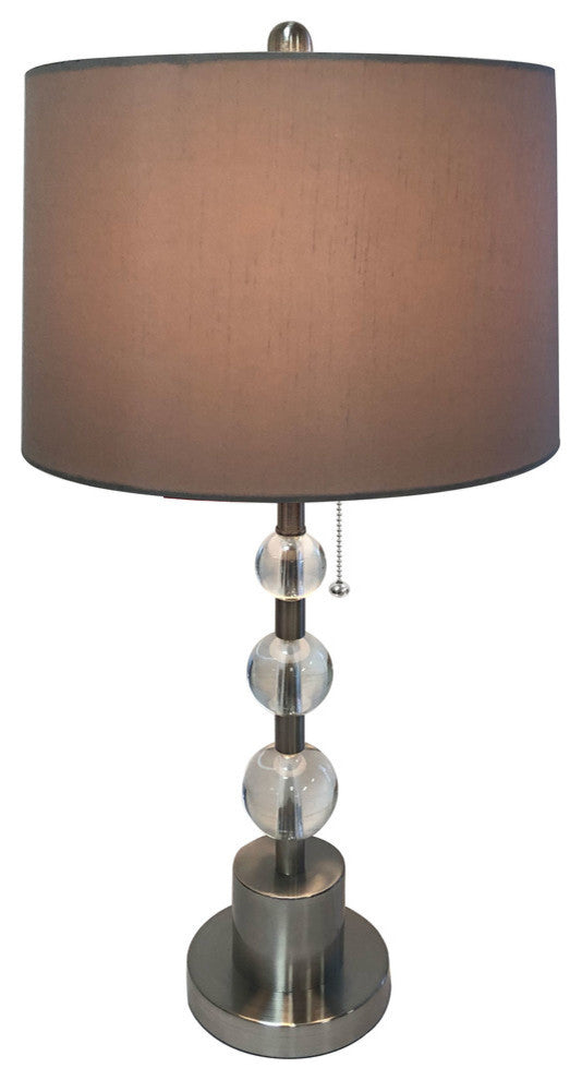 Brush Nickel Lamp with Crystal Ball Accents and Gray Shallow Drum Shade